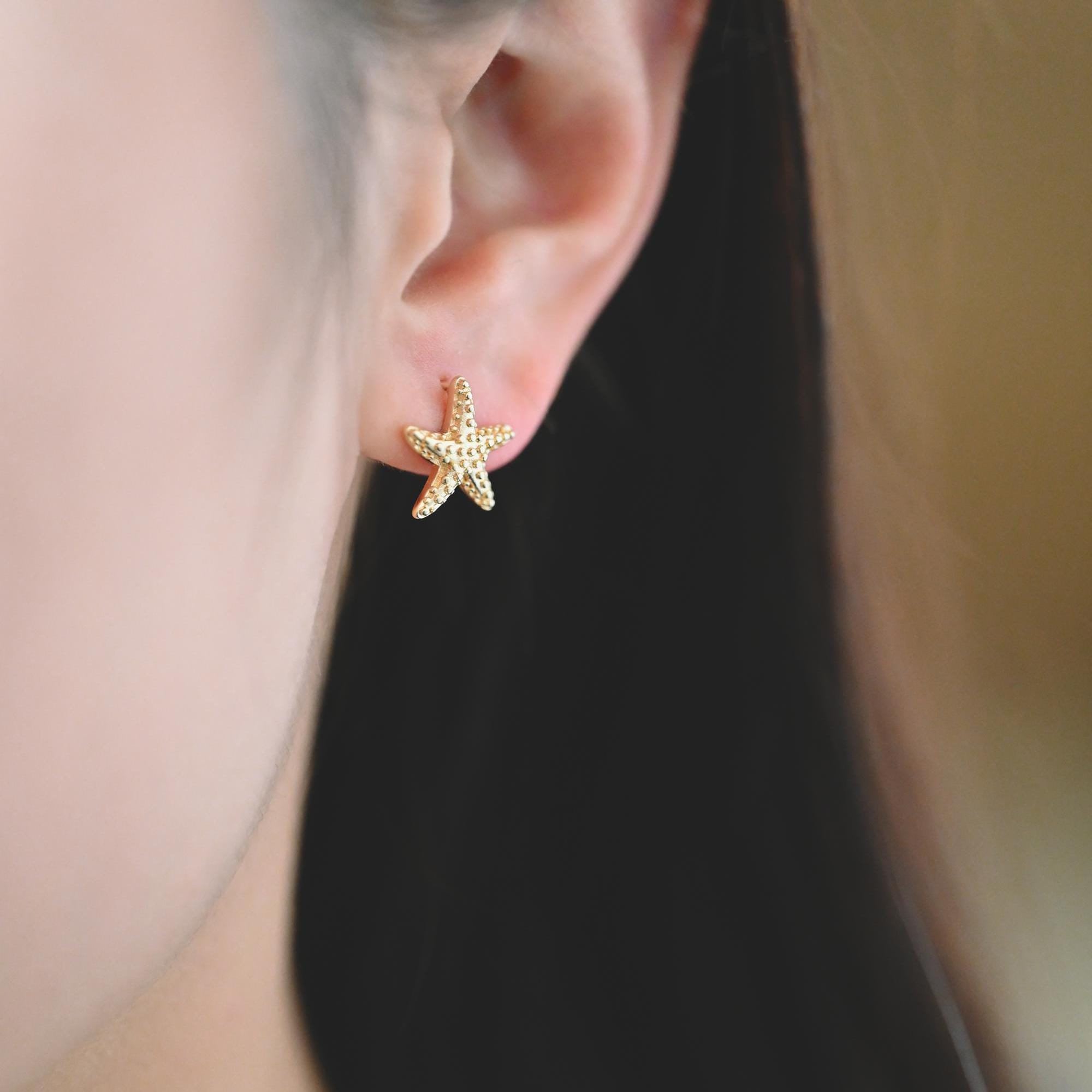 10pcs Gold Starfish Earring with Loop, Real Gold Plated Brass Star Stud Earrings (#GB-2189)